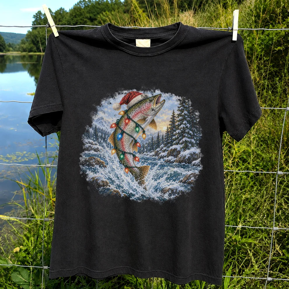Santa Rainbow Trout with Christmas Lights Fishing T-Shirt