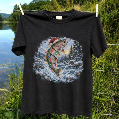 Santa Rainbow Trout with Christmas Lights Fishing T-Shirt