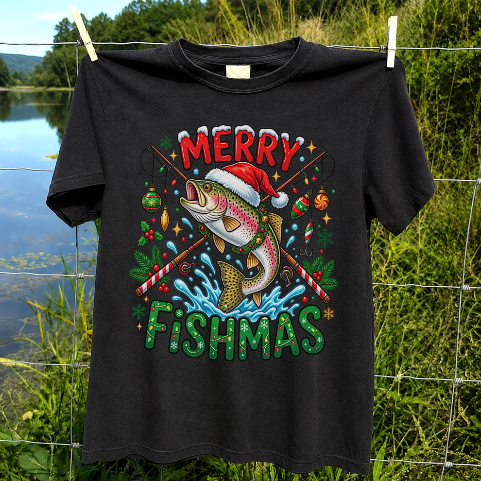 Merry Fishmas Santa Trout Christmas Fishing Graphic T-Shirt