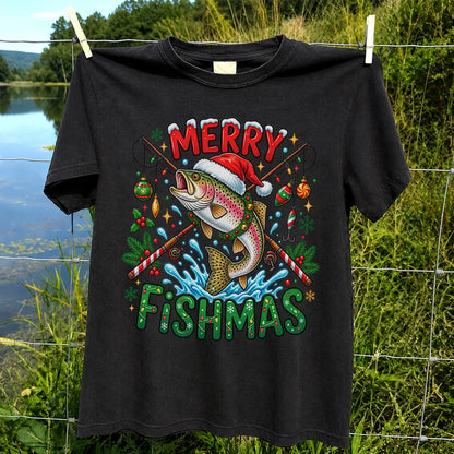 Merry Fishmas Santa Trout Christmas Fishing Graphic T-Shirt