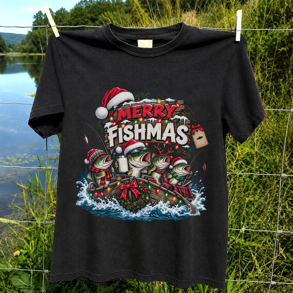 Merry Fishmas Christmas Bass in a Fishing Boat Graphic T-Shirt