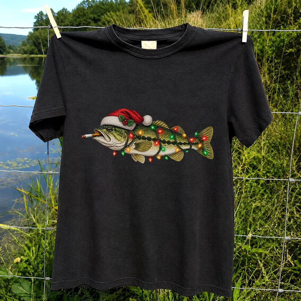 Christmas Bass Fishing Lights and Santa Hat Graphic T-Shirt