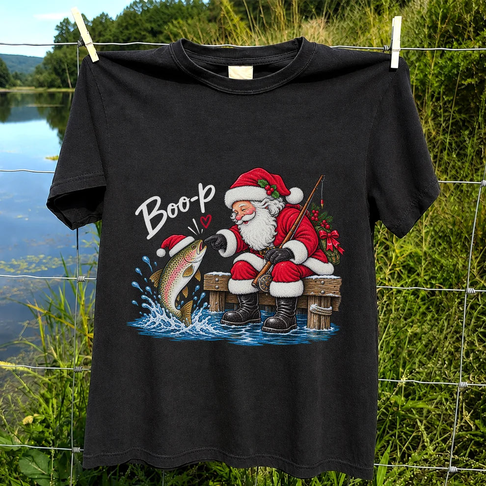 Santa Fishing for Rainbow Trout Christmas Graphic T-Shirt