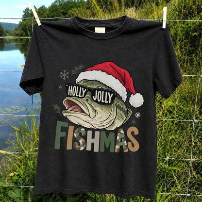 Bass Wearing Santa Hat and Holiday Glasses Fishing Graphic T-Shirt