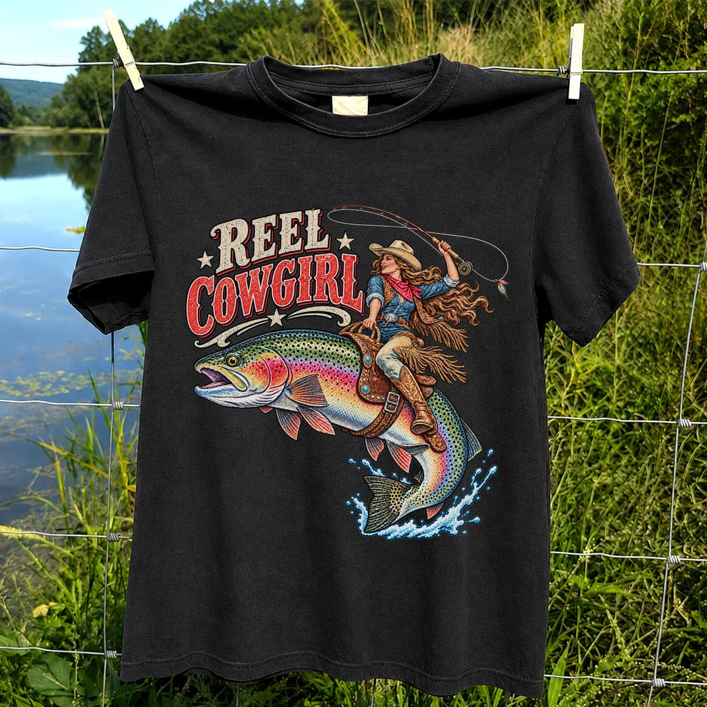 Reel Cowgirl Riding a Rainbow Trout Fly Fishing T-Shirt