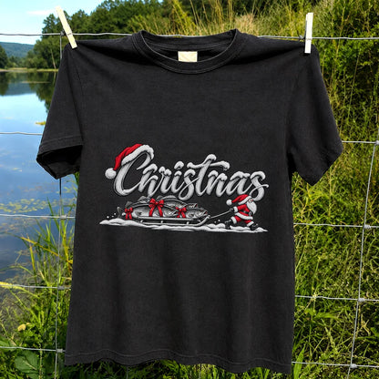 Christmas Santa Pulling Trout Fishing Sled Graphic T-Shirt
