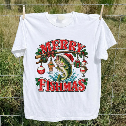 Merry Fishmas Santa Bass Christmas Fishing Graphic T-Shirt