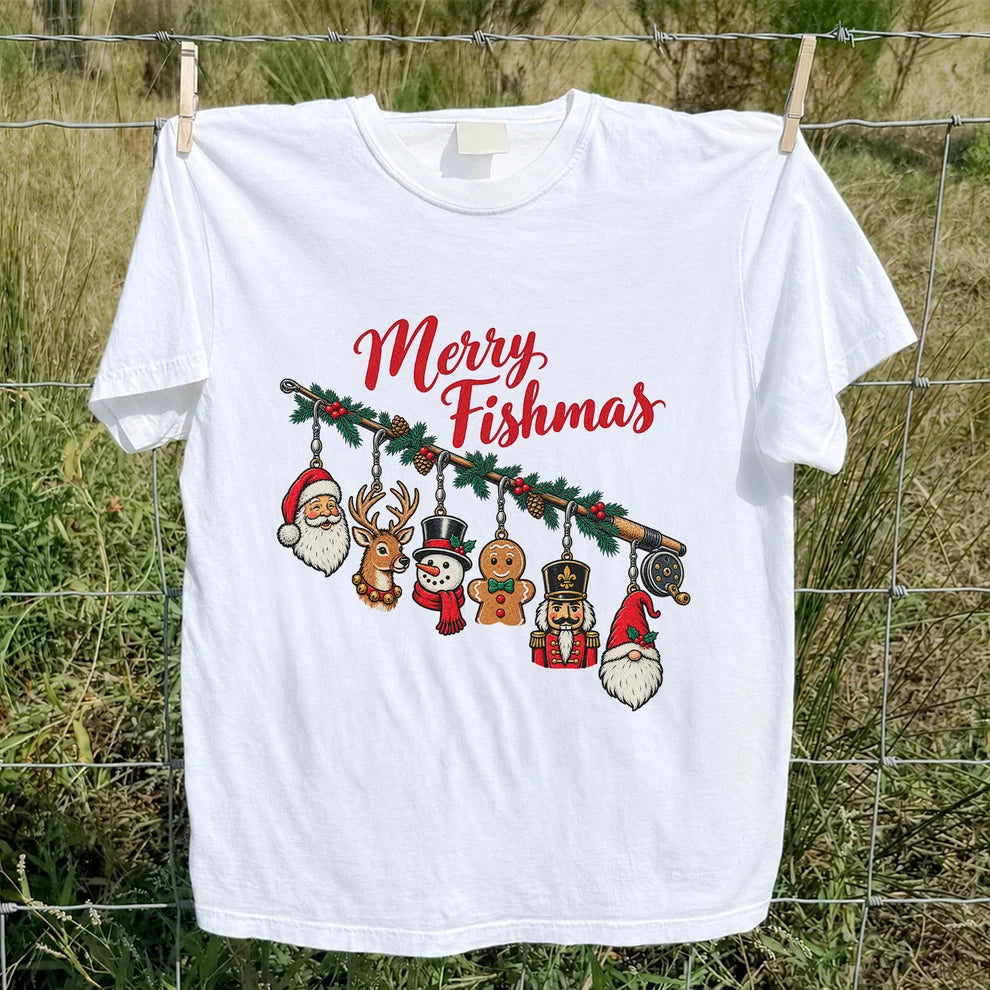 Christmas Fishing Rod Ornaments Holiday Graphic T-Shirt