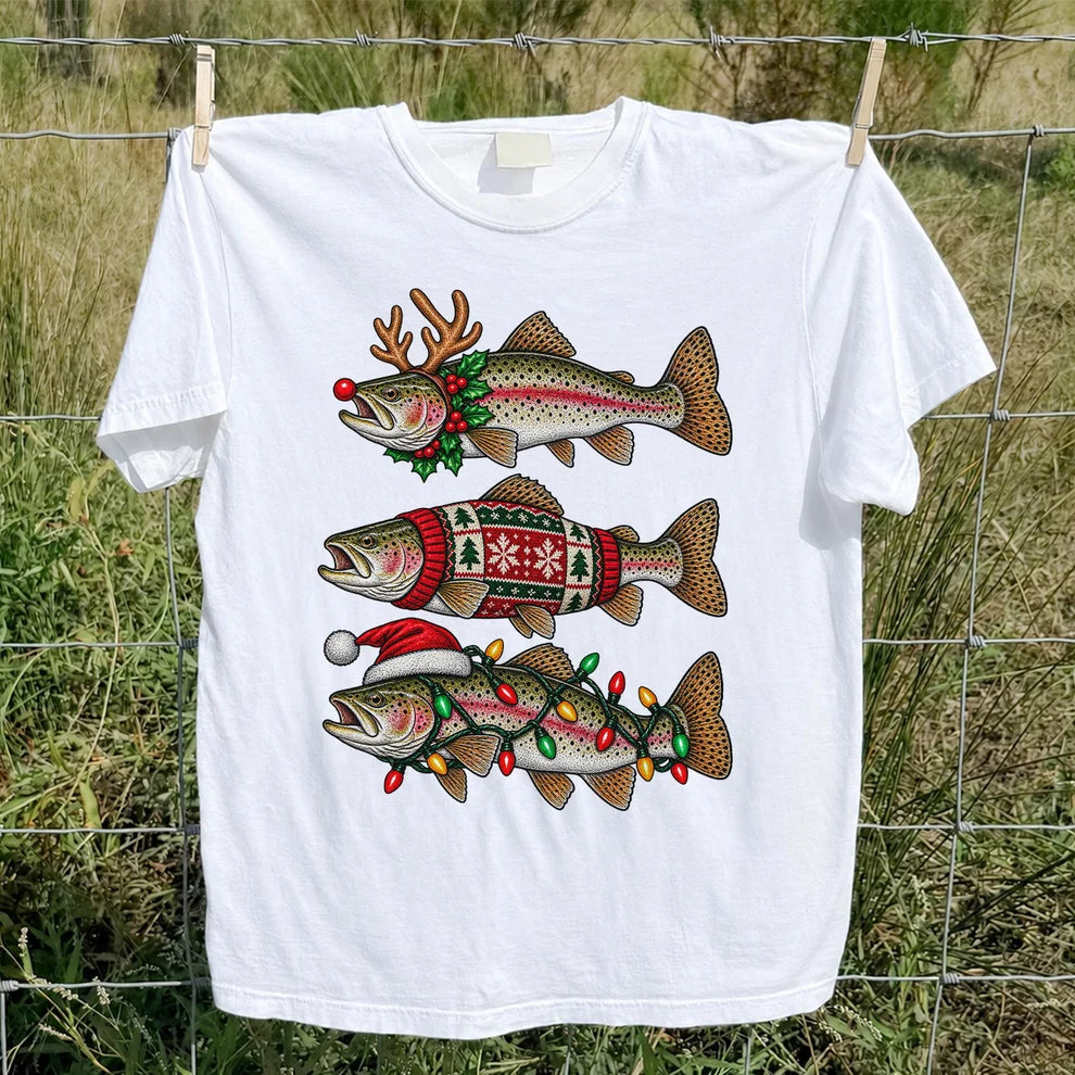 Christmas Trout Antlers Sweater and Lights Fishing T-Shirt