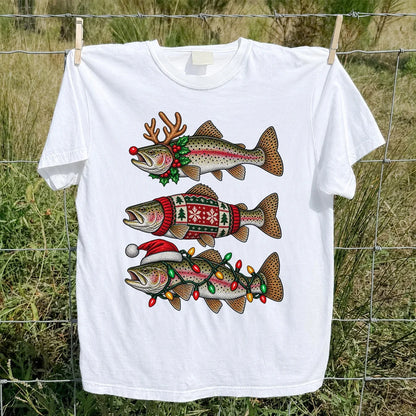 Christmas Trout Antlers Sweater and Lights Fishing T-Shirt