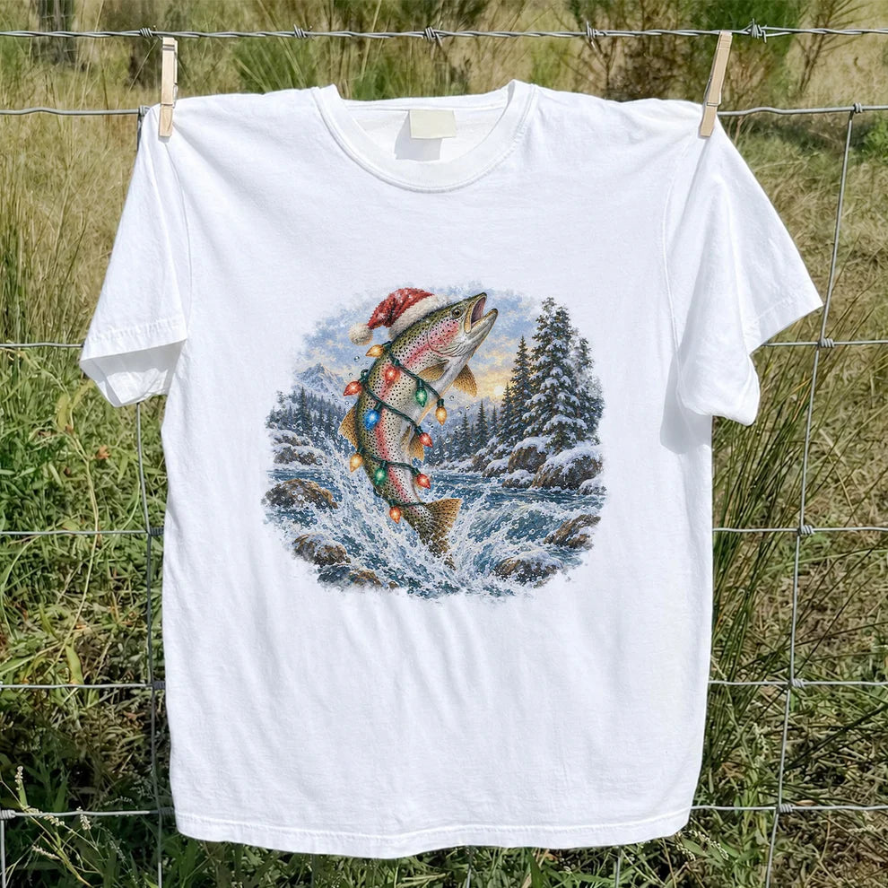 Santa Rainbow Trout with Christmas Lights Fishing T-Shirt