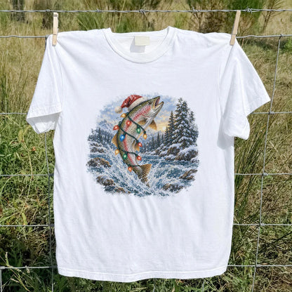 Santa Rainbow Trout with Christmas Lights Fishing T-Shirt