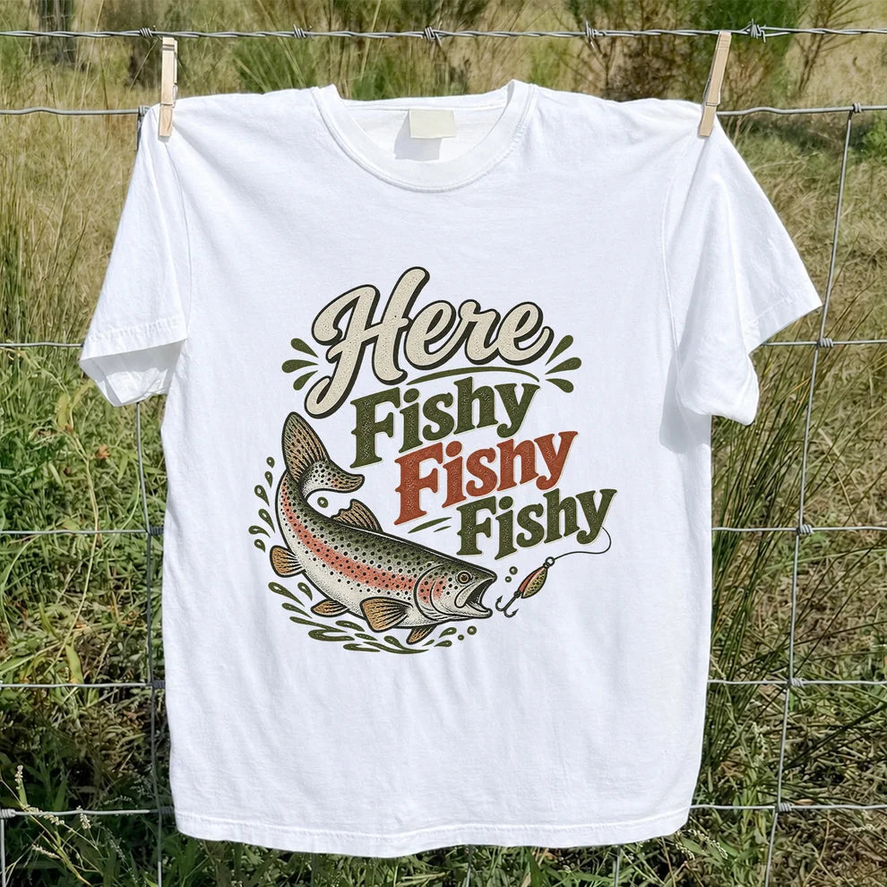 Here Fishy Fishy Rainbow Trout Fishing T-Shirt