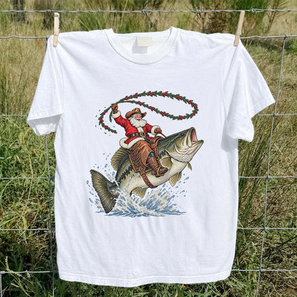 Cowboy Santa Riding a Jumping Bass Christmas Fishing Graphic T-Shirt