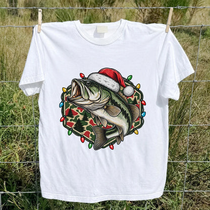 Santa Hat Largemouth Bass Christmas Fishing Graphic T-Shirt