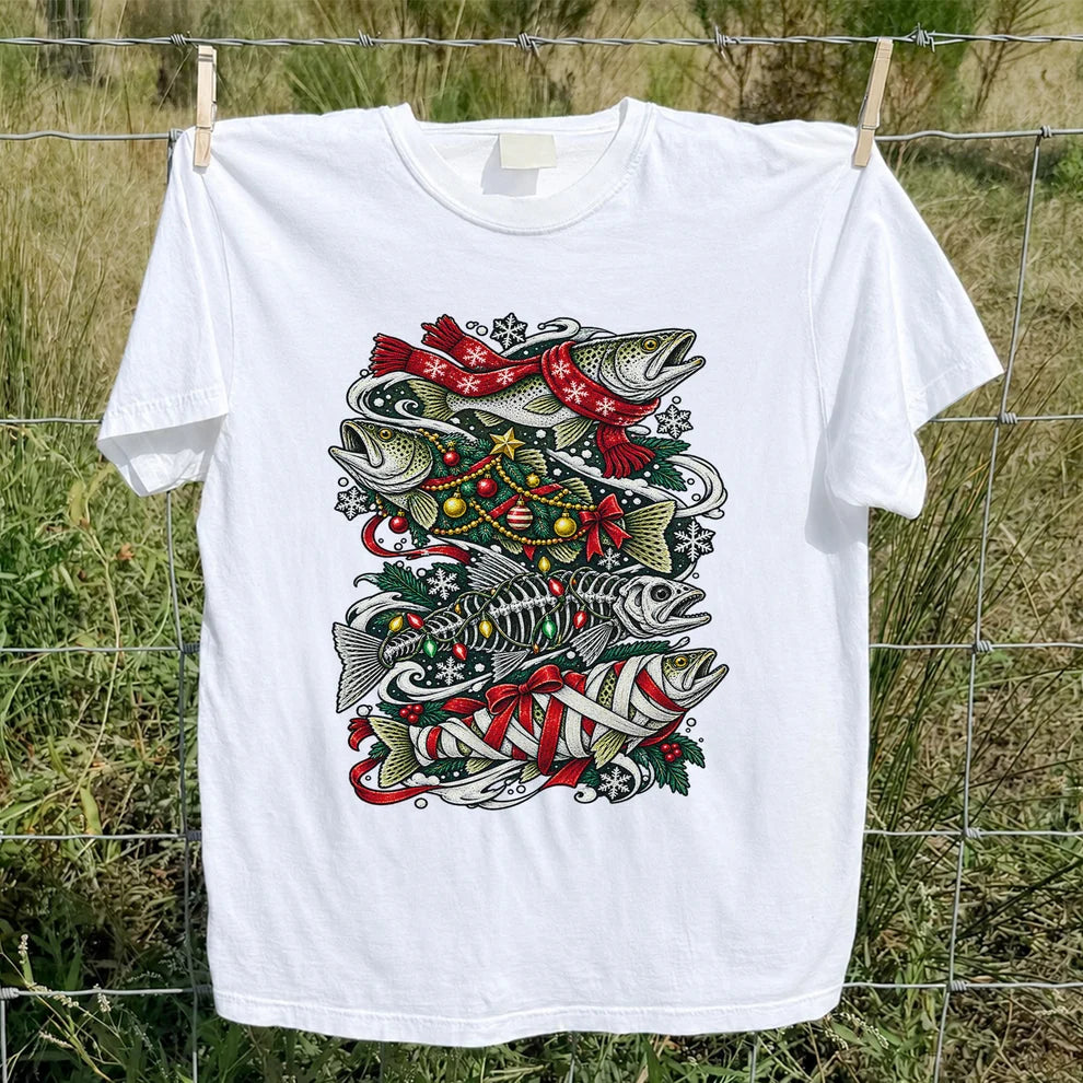 Christmas Trout and Fish Skeleton Holiday Fishing T-Shirt