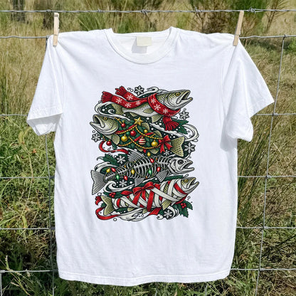 Christmas Trout and Fish Skeleton Holiday Fishing T-Shirt