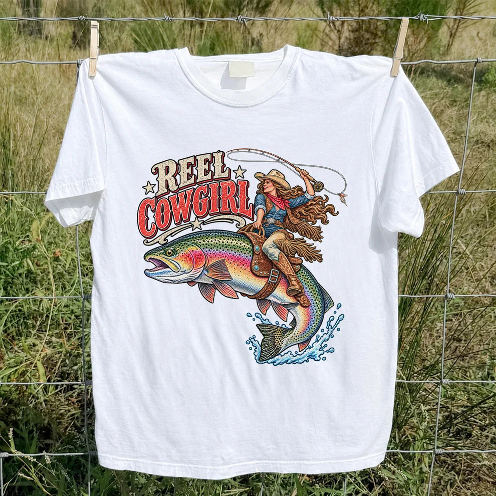 Reel Cowgirl Riding a Rainbow Trout Fly Fishing T-Shirt