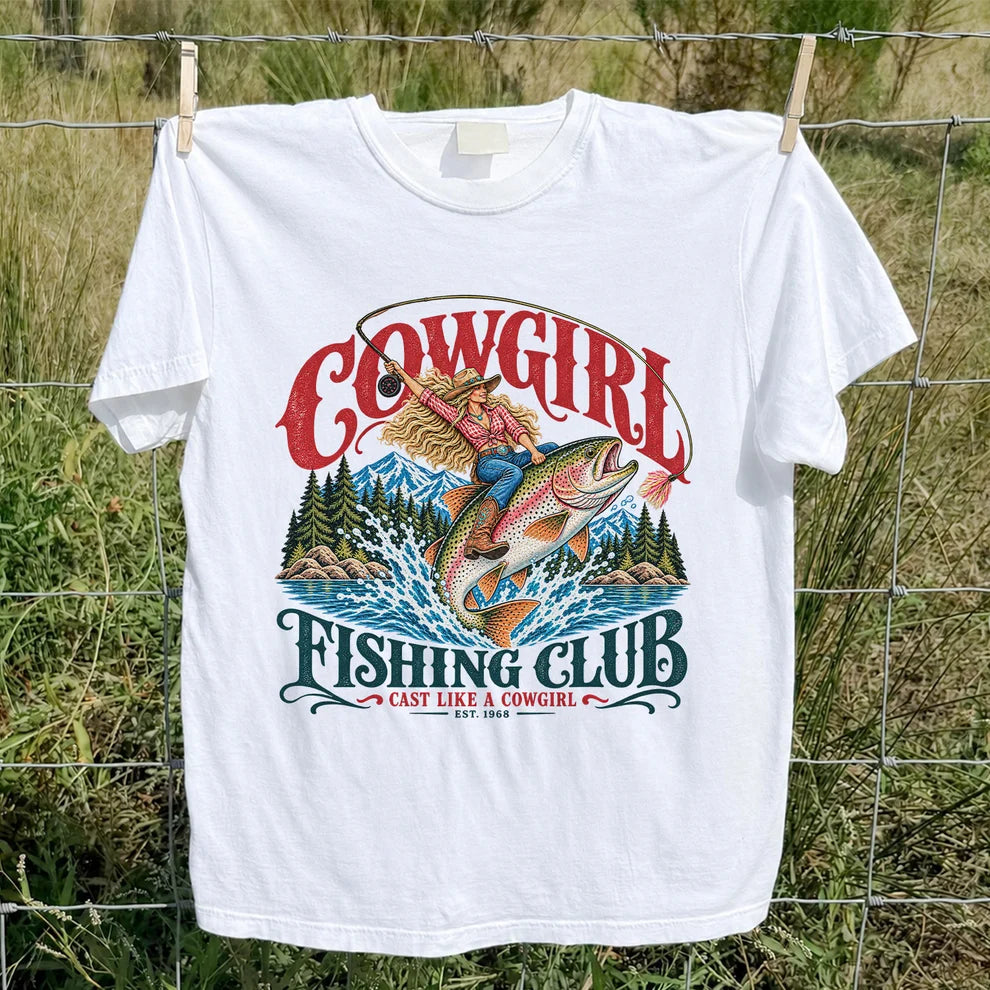 Cowgirl Riding Trout Fishing Club Graphic T-Shirt