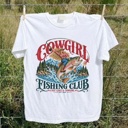Cowgirl Riding Trout Fishing Club Graphic T-Shirt