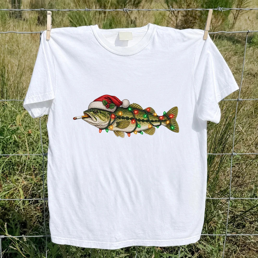 Christmas Bass Fishing Lights and Santa Hat Graphic T-Shirt
