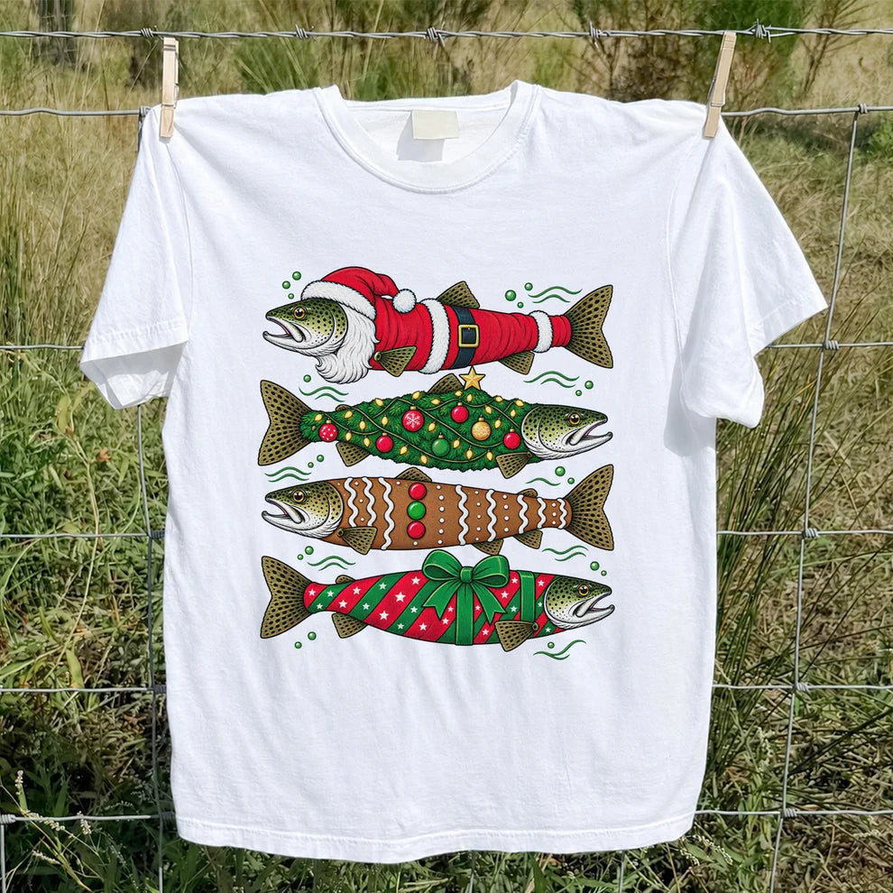 Christmas Trout Santa Tree and Gift Wrap Fishing T-Shirt