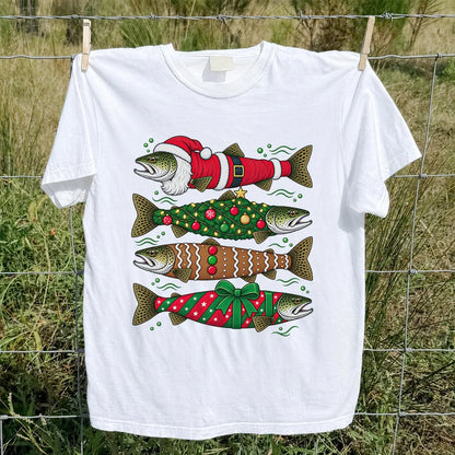Christmas Trout Santa Tree and Gift Wrap Fishing T-Shirt