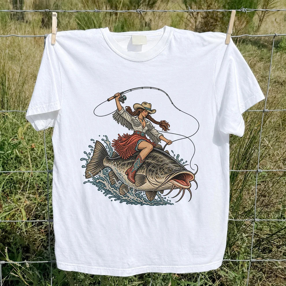 Cowgirl Riding a Largemouth Bass Fishing Graphic T-Shirt