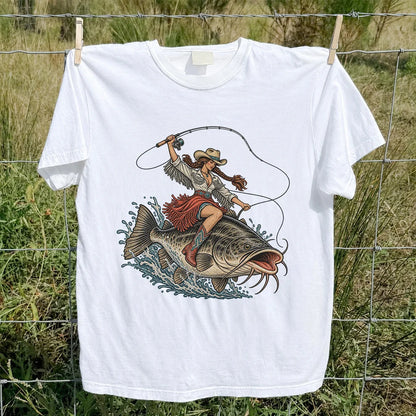 Cowgirl Riding a Largemouth Bass Fishing Graphic T-Shirt