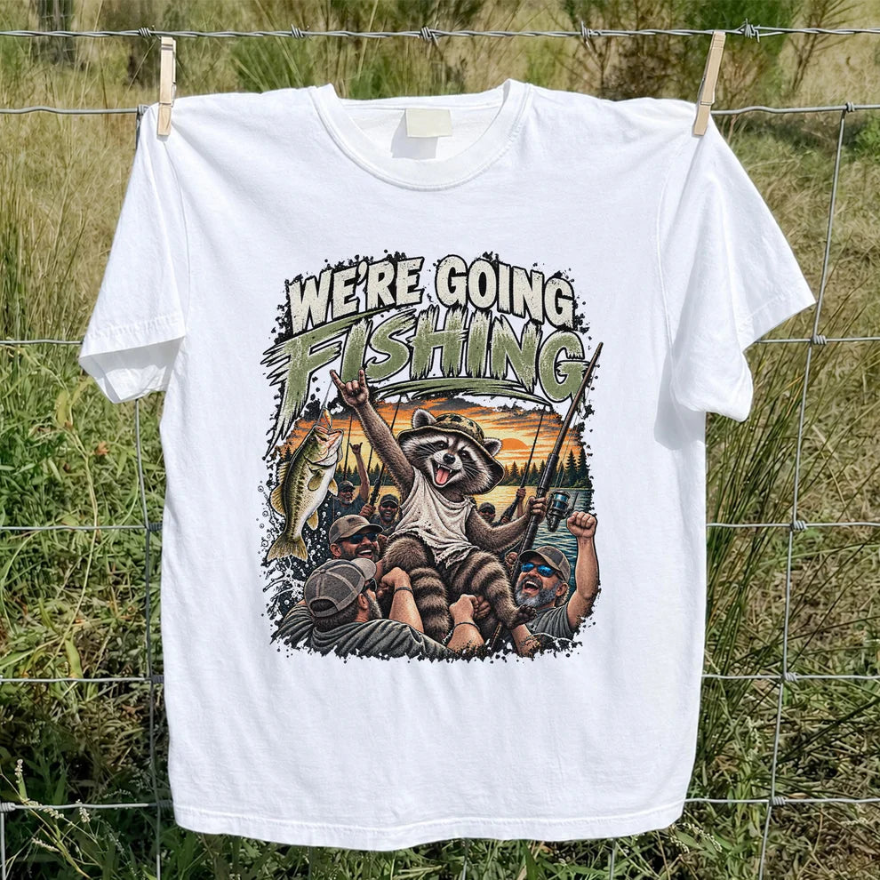 We're Going Fishing Raccoon Outdoor Fishing Graphic T-Shirt