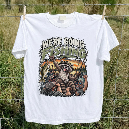 We're Going Fishing Raccoon Outdoor Fishing Graphic T-Shirt