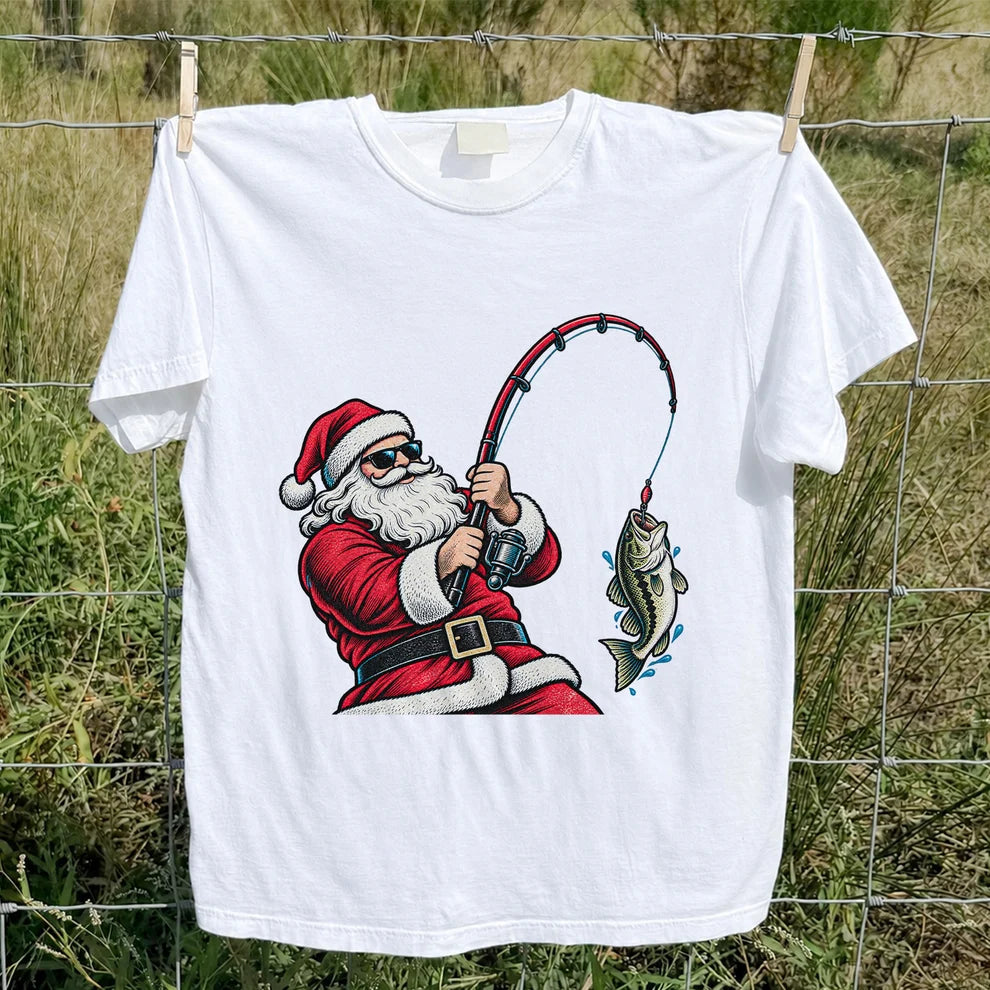 Santa Claus Catching a Bass Christmas Fishing Graphic T-Shirt