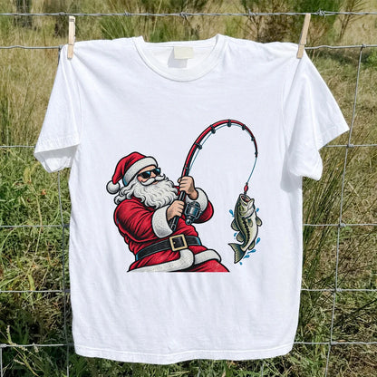 Santa Claus Catching a Bass Christmas Fishing Graphic T-Shirt