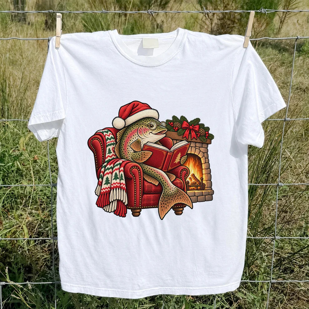 Christmas Trout Reading by the Fireplace Fishing T-Shirt
