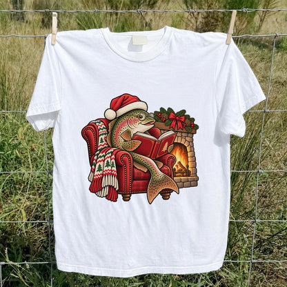 Christmas Trout Reading by the Fireplace Fishing T-Shirt