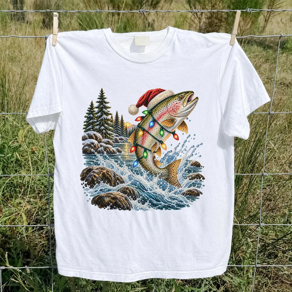 Santa Hat Rainbow Trout Christmas Fishing Graphic T-Shirt