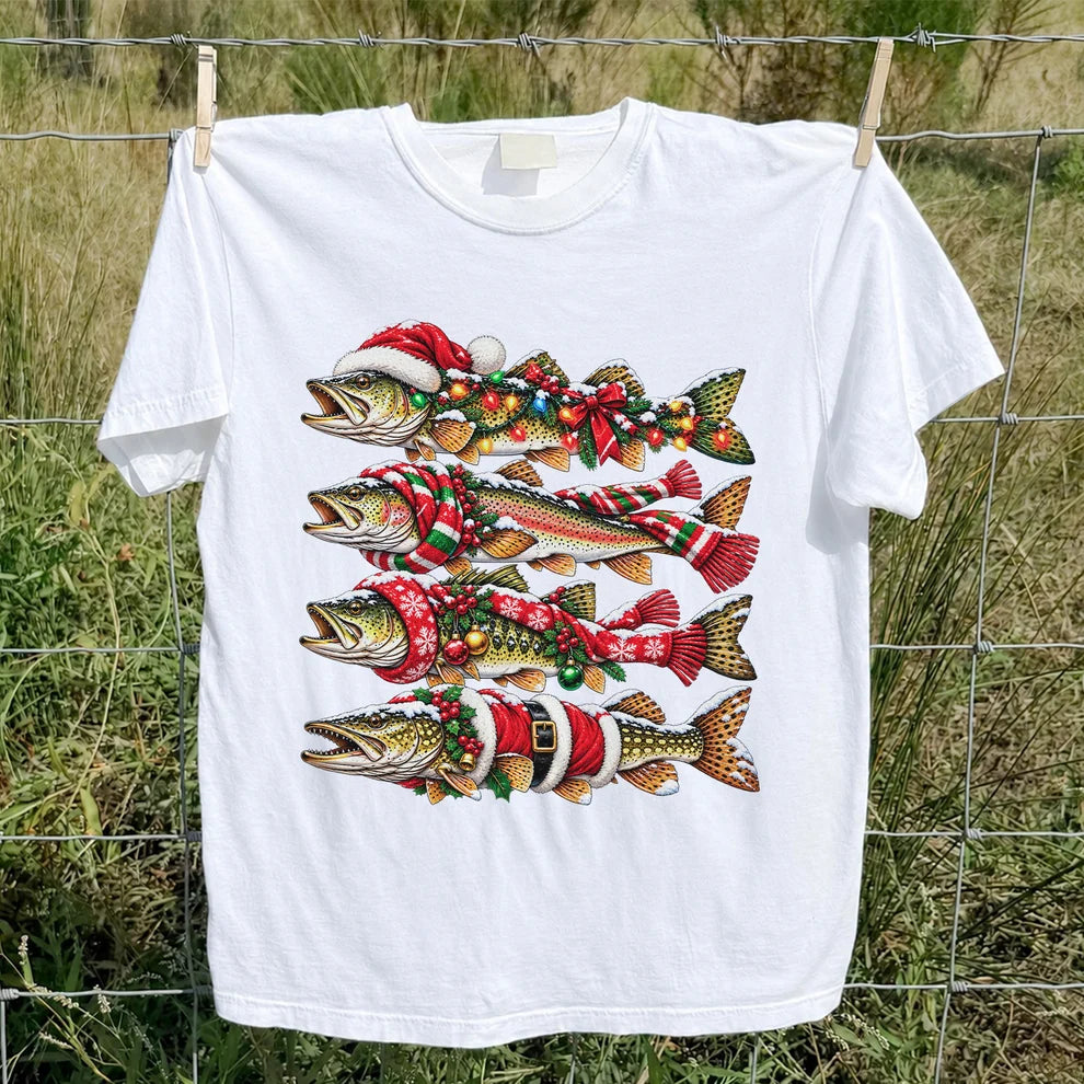Christmas Trout Fishing Holiday Graphic T-Shirt