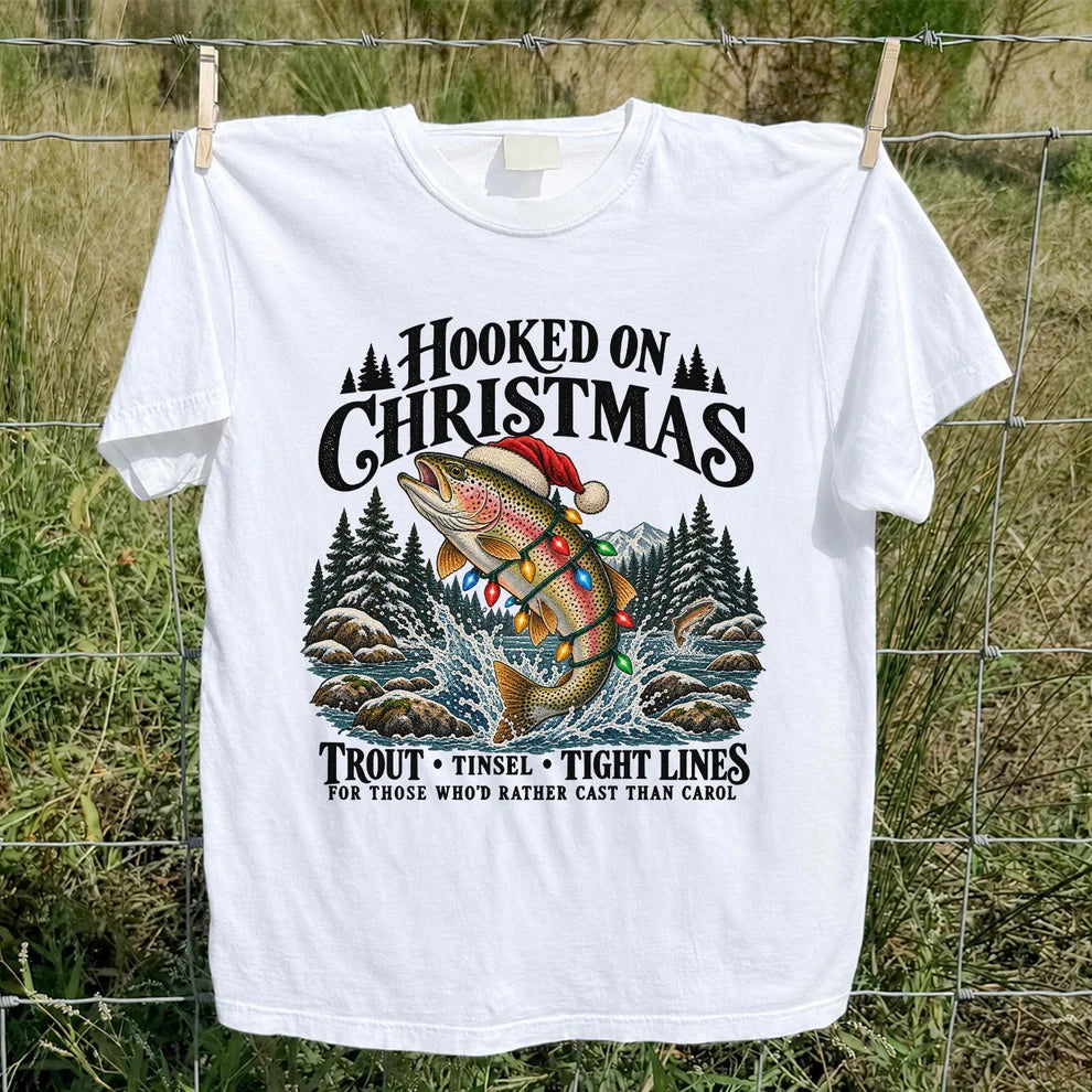 Hooked on Christmas Rainbow Trout Fishing Graphic T-Shirt