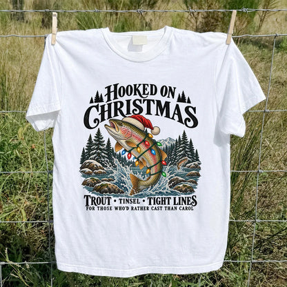 Hooked on Christmas Rainbow Trout Fishing Graphic T-Shirt