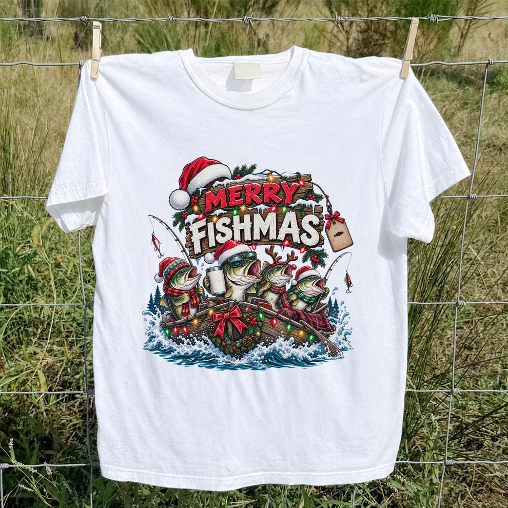 Merry Fishmas Christmas Bass in a Fishing Boat Graphic T-Shirt