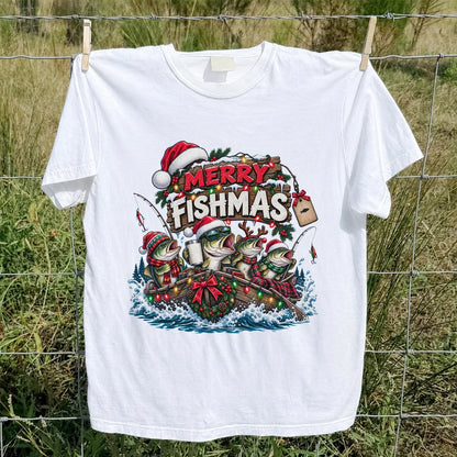 Merry Fishmas Christmas Bass in a Fishing Boat Graphic T-Shirt