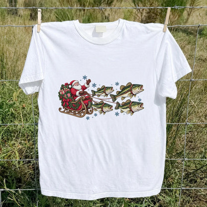 Santa in a Sleigh Pulled by Bass Christmas Fishing Graphic T-Shirt