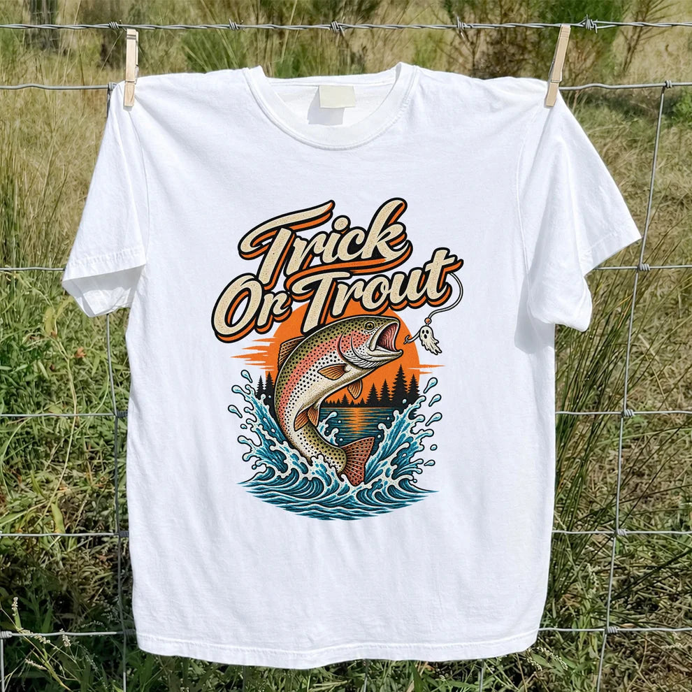 Trick or Trout Rainbow Trout Halloween Fishing T-Shirt