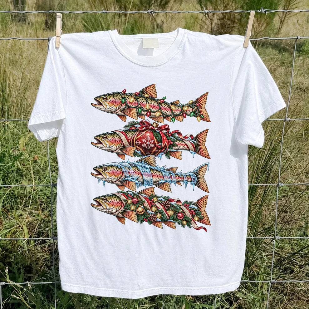 Christmas Rainbow Trout with Holiday Lights Fishing Graphic T-Shirt