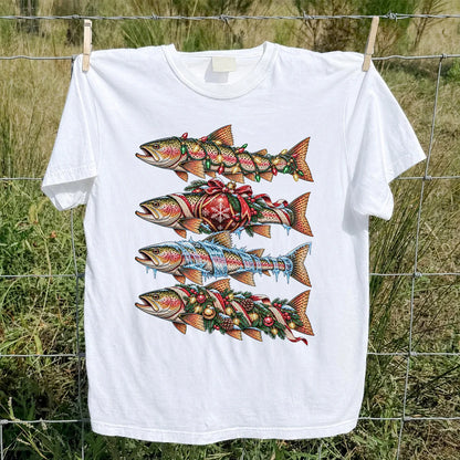 Christmas Rainbow Trout with Holiday Lights Fishing Graphic T-Shirt