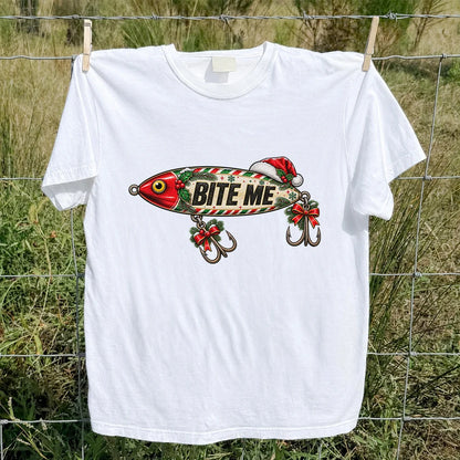 Bite Me Christmas Fishing Lure Funny Graphic T-Shirt