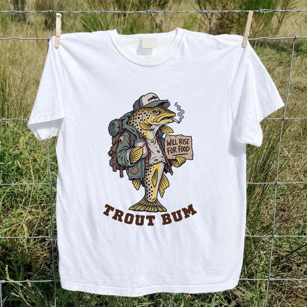 Trout Bum Will Rise for Food Funny Brown Trout Fishing T-Shirt