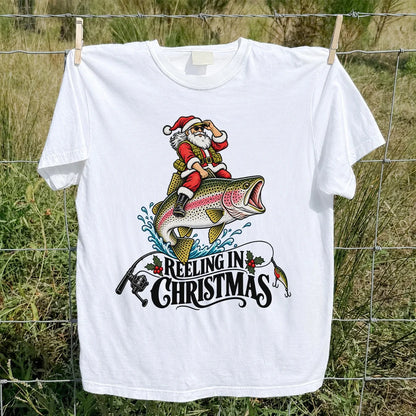 Reeling in Christmas Santa Rainbow Trout Fishing T-Shirt