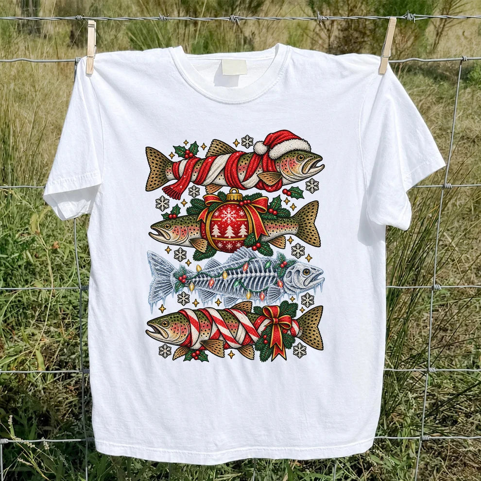 Christmas Rainbow Trout and Fish Skeleton Fishing Graphic T-Shirt