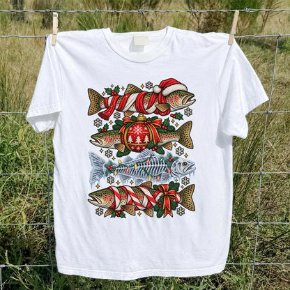 Christmas Rainbow Trout and Fish Skeleton Fishing Graphic T-Shirt